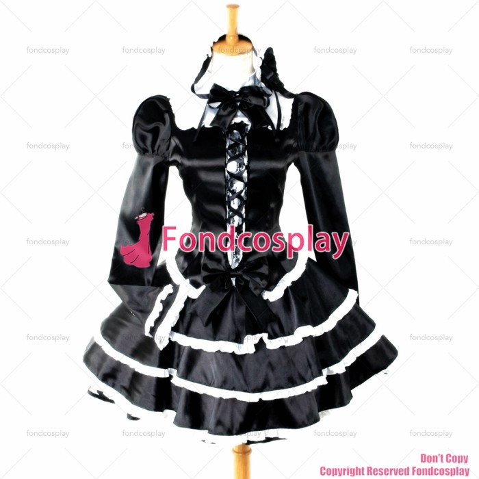 fondcosplay adult sexy cross dressing sissy maid short Punk Black Gothic Lolita Satin shirt skirt Costume Custom-made[G759]