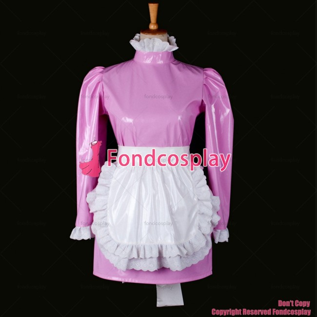 fondcosplay adult sexy cross dressing sissy maid short Lockable French Uniform Pink thin Pvc Dress white apron Custom-made[G773]