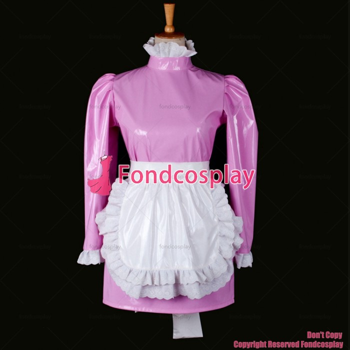 fondcosplay adult sexy cross dressing sissy maid short Lockable French Uniform Pink thin Pvc Dress white apron Custom-made[G773]