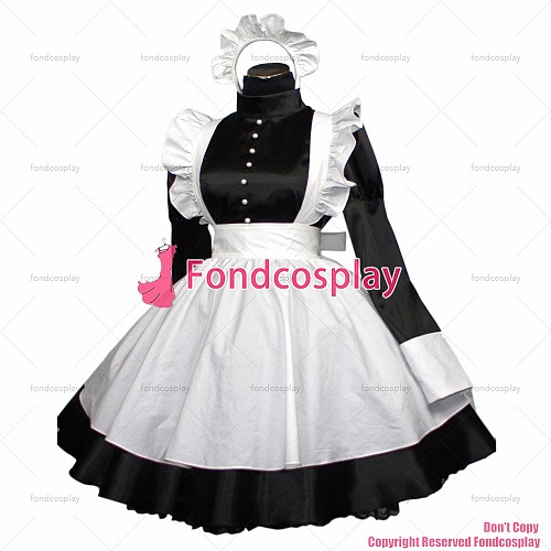 fondcosplay adult sexy cross dressing sissy maid short satin black dress lockable Uniform white apron costume CD/TV[G406]