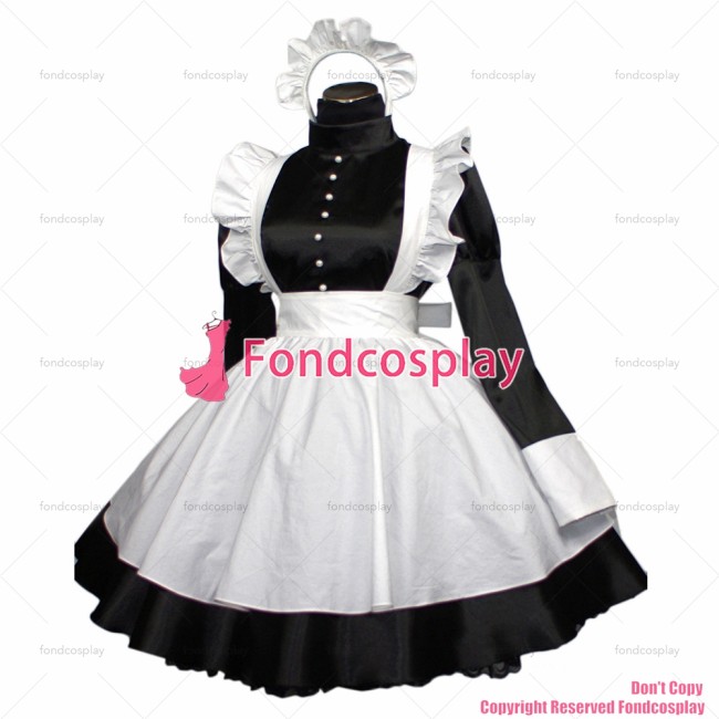 fondcosplay adult sexy cross dressing sissy maid short satin black dress lockable Uniform white apron costume CD/TV[G406]