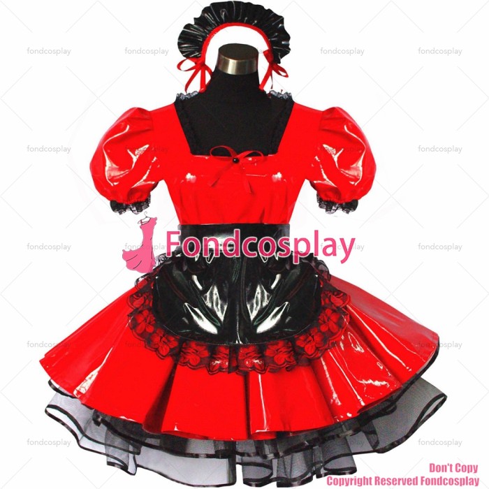 fondcosplay adult sexy cross dressing sissy maid short red thin Pvc Dress Lockable Uniform black arpon Costume CD/TV[G491]