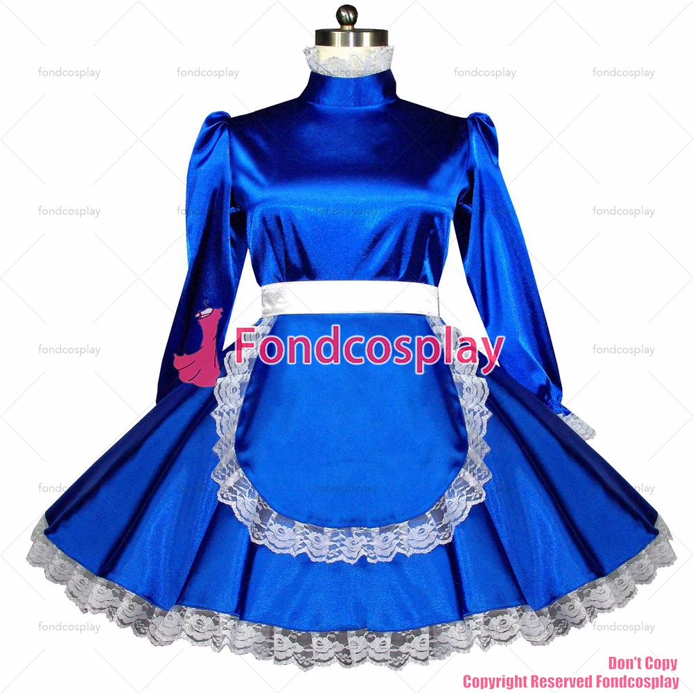 Fondcosplay Adult Sexy Cross Dressing Sissy Maid Short Blue Satin Dress Lockable Uniform Apron 