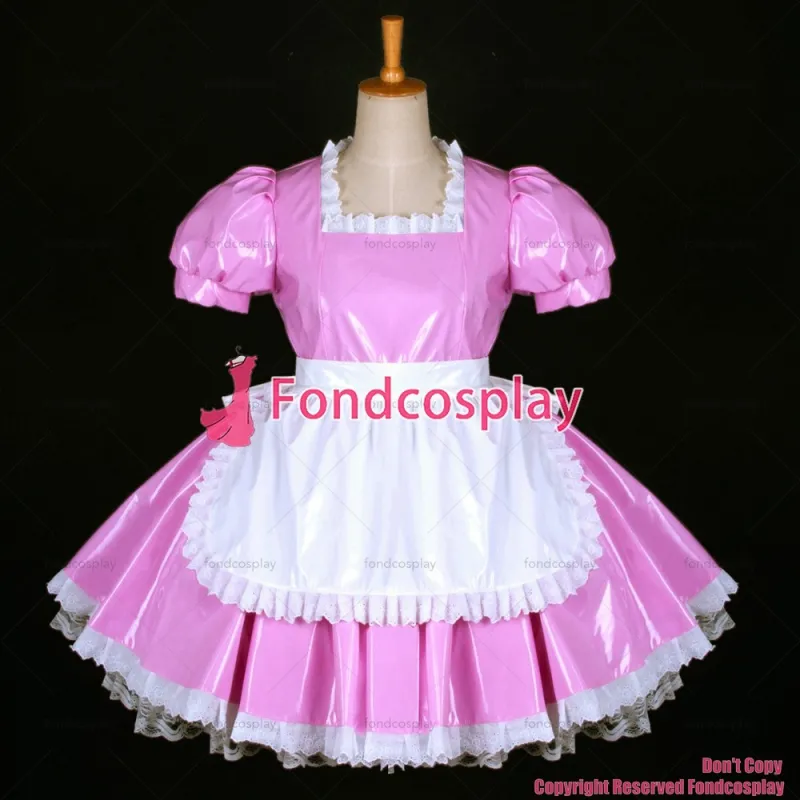 fondcosplay adult sexy cross dressing sissy maid short Lovely Dress Lockable Uniform Pink thin Pvc Dress Custom-made[G771]