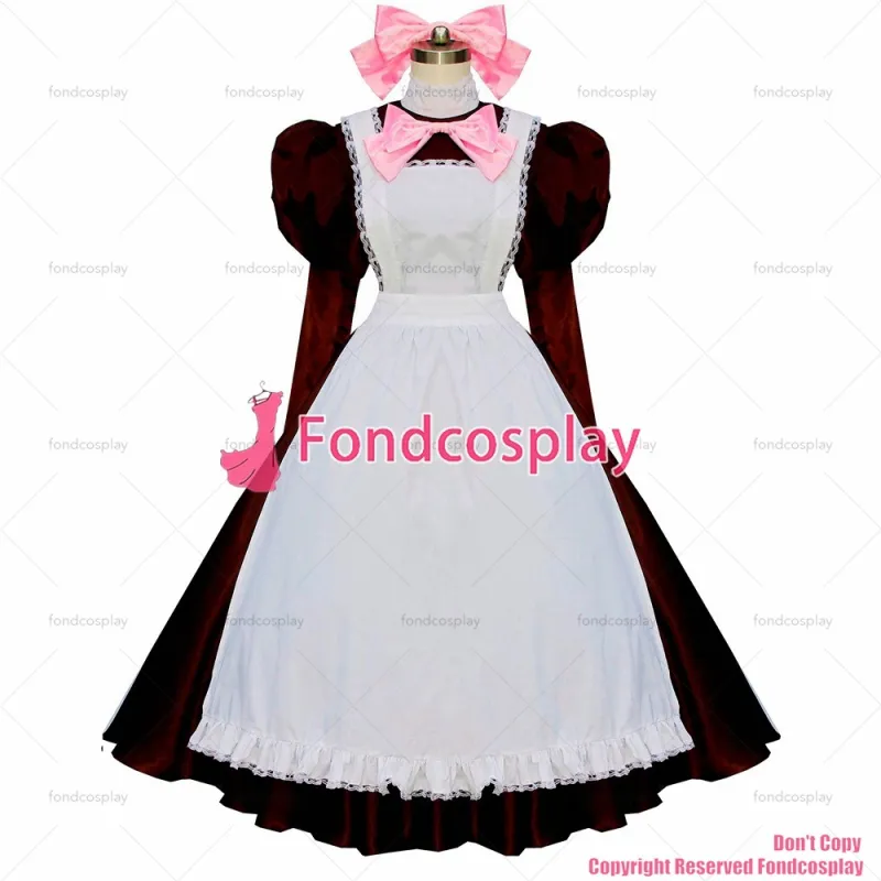 fondcosplay adult sexy cross dressing sissy maid long dark red Cotton Dress Lockable Uniform Cosplay Costume Custom-made[G594]