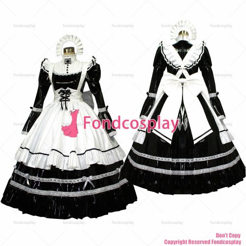fondcosplay adult sexy cross dressing sissy maid long black thin PVC dress lockable Uniform white apron CD/TV[G407]