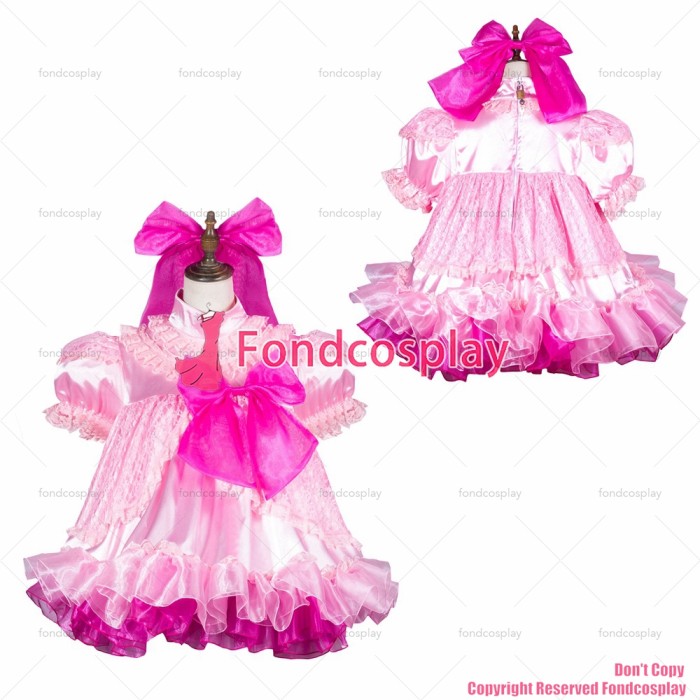 fondcosplay adult sexy cross dressing sissy maid short baby pink satin dress lockable Uniform cosplay costume CD/TV[G3806]