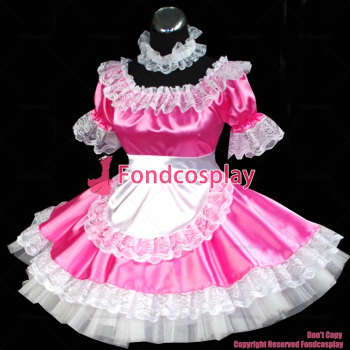 fondcosplay adult sexy cross dressing sissy maid short Pink Satin Dress Uniform white apron Costume CD/TV[G469]