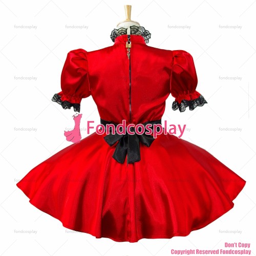 fondcosplay adult sexy cross dressing sissy maid short Red Satin Dress Lockable Uniform apron Costume Custom-made[G582]
