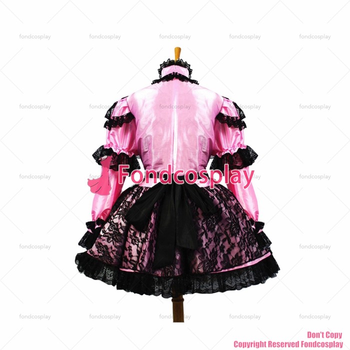 fondcosplay adult sexy cross dressing sissy maid short Pink Satin Lockable Uniform Dress black apron lace Custom-made[G661]