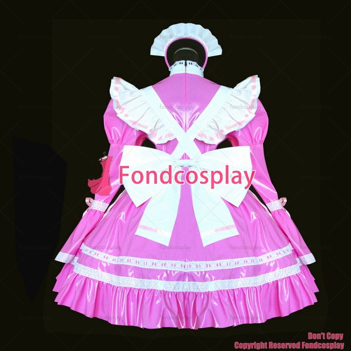 fondcosplay adult sexy cross dressing sissy maid pink thin PVC dress lockable Uniform white apron costume Custom-made[G528]