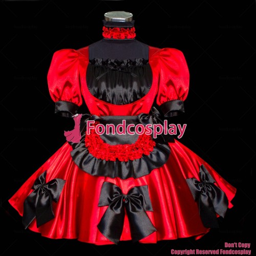 fondcosplay adult sexy cross dressing sissy maid short red Satin Dress Lockable Uniform Cosplay Costume CD/TV[G463]