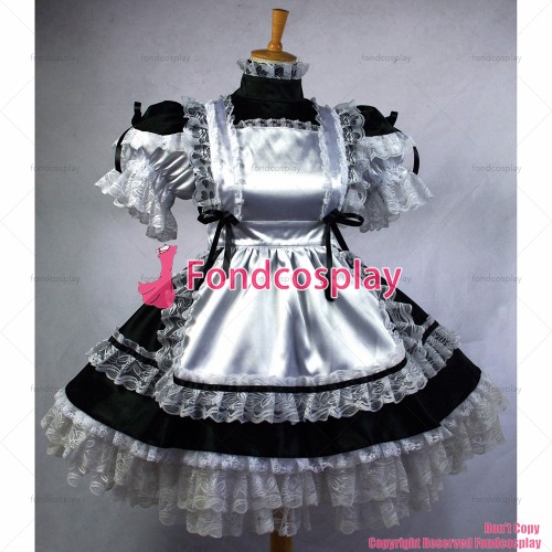 fondcosplay adult sexy cross dressing sissy maid short black Satin Dress silver apron Lockable Uniform Costume Custom-made[G664]