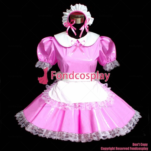 fondcosplay adult sexy cross dressing sissy maid short pink thin Pvc Dress Lockable Uniform Peter Pan collar Custom-made[G495]