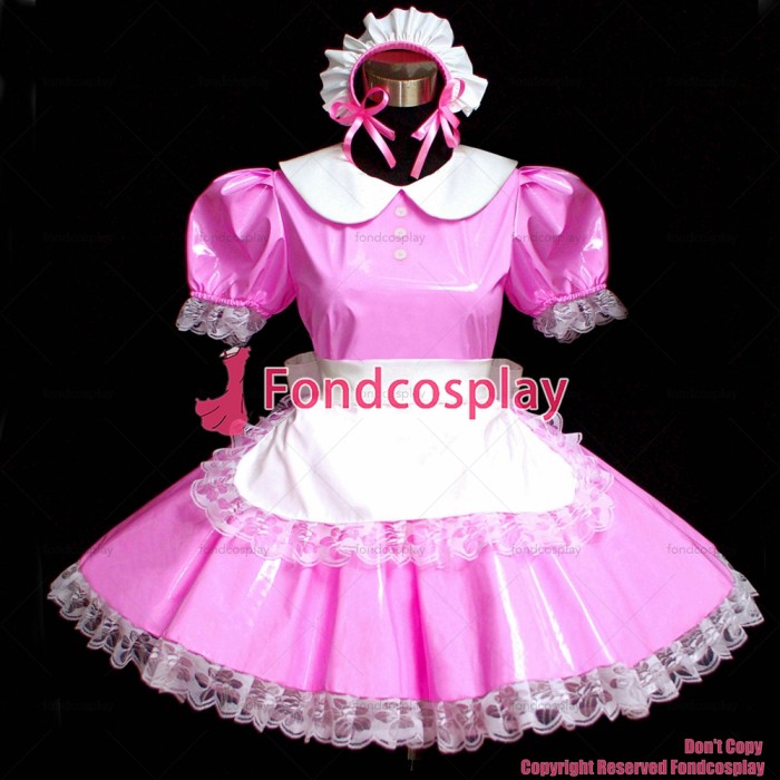 fondcosplay adult sexy cross dressing sissy maid pink thin Pvc Dress Lockable white apron Peter Pan collar Custom-made[G494]