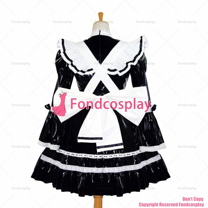 fondcosplay adult sexy cross dressing sissy maid short Black thin Pvc Dress Lockable Uniform white apron Custom-made[G616]