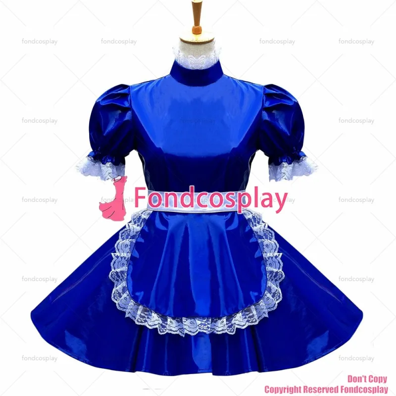 fondcosplay adult sexy cross dressing sissy maid short Blue heavy Pvc Lockable Uniform apron Costume Custom-made[G574]