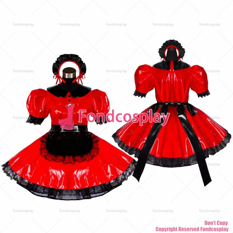 fondcosplay adult sexy cross dressing sissy maid short Red heavy Pvc Dress Lockable Uniform black apron CD/TV[G400]