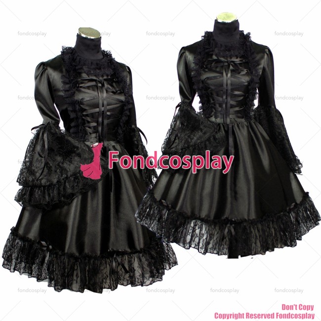 fondcosplay Gothic Lolita Punk Black Satin Sissy Maid Dress Cosplay Costume CD/TV[G402]