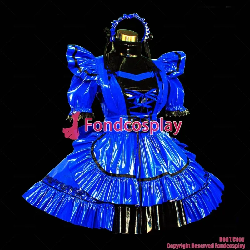 fondcosplay adult sexy cross dressing sissy maid short Blue thin Pvc Dress Lockable Uniform Removable sleeves CD/TV[G464]