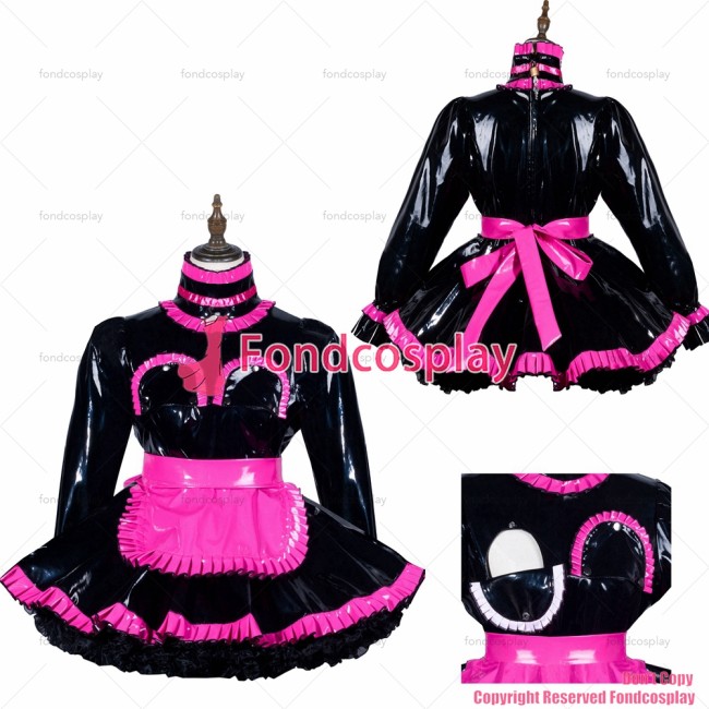 fondcosplay adult sexy cross dressing sissy maid black heavy pvc lockable nude breasted dress hot pink apron CD/TV[G3808]