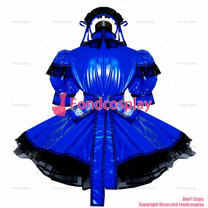 fondcosplay adult sexy cross dressing sissy maid short blue thin Pvc Dress Lockable Uniform Cosplay Costume Custom-made[G488]