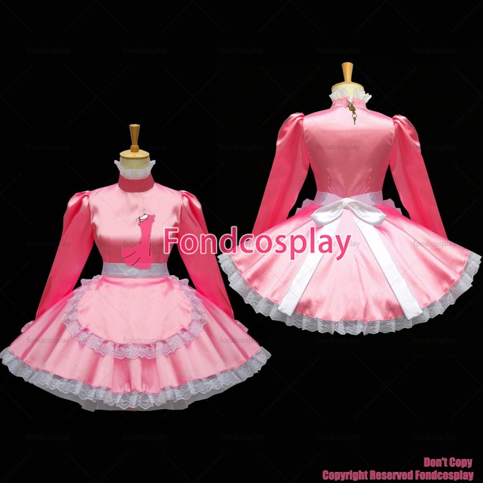 fondcosplay adult sexy cross dressing lovely sissy maid short baby Pink Satin Dress Lockable Uniform Costume Custom-made[G577]