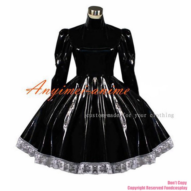 fondcosplay adult sexy cross dressing sissy maid short Gothic Lolita Punk Black heavy Pvc Dress Costume CD/TV[G399]