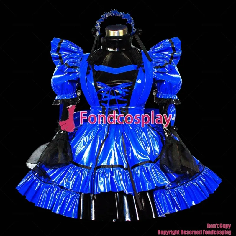 fondcosplay adult sexy cross dressing sissy maid short Blue thin Pvc Dress Lockable Uniform Removable sleeves CD/TV[G464]