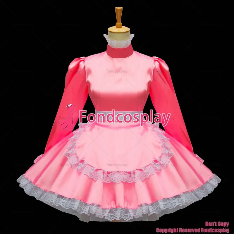 fondcosplay adult sexy cross dressing lovely sissy maid short baby Pink Satin Dress Lockable Uniform Costume Custom-made[G577]