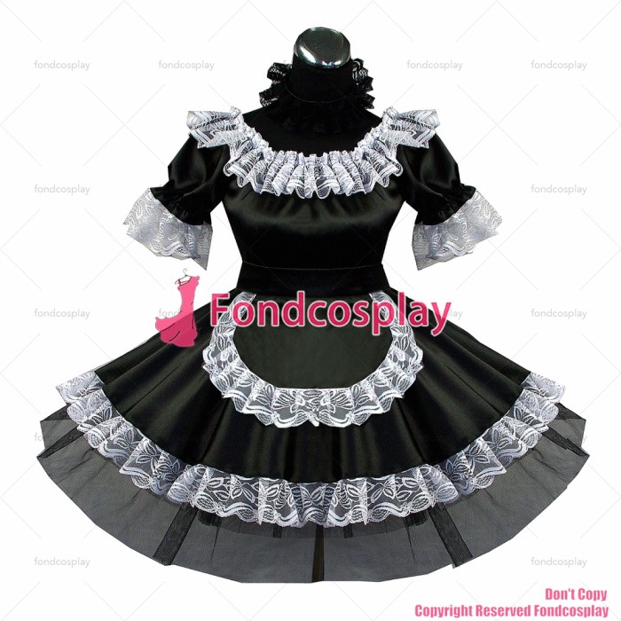 fondcosplay adult sexy cross dressing sissy maid short Black Satin Dress Uniform apron Costume CD/TV[G468]