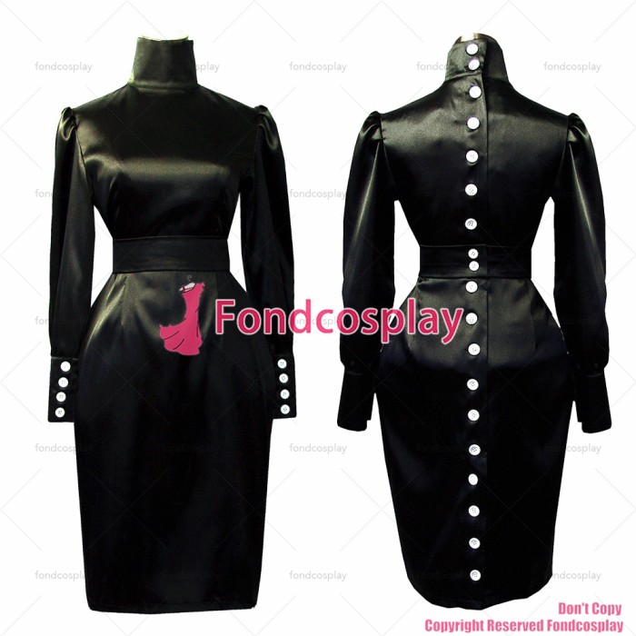 fondcosplay adult sexy cross dressing sissy maid Buttons Gothic Lolita Black Satin Dress Cosplay Costume Custom-made[G500]