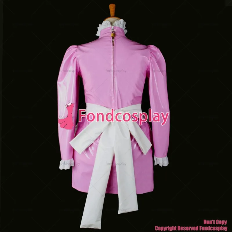fondcosplay adult sexy cross dressing sissy maid short Lockable French Uniform Pink thin Pvc Dress white apron Custom-made[G773]