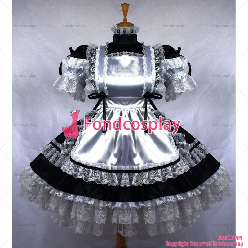fondcosplay adult sexy cross dressing sissy maid short black Satin Dress silver apron Lockable Uniform Costume Custom-made[G664]