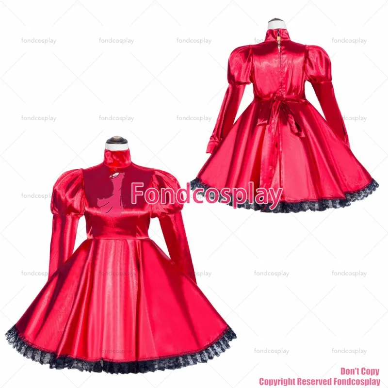 fondcosplay adult sexy cross dressing sissy maid short Gothic Lolita Punk Red Satin Dress Lockable Uniform Custom-made[G504]