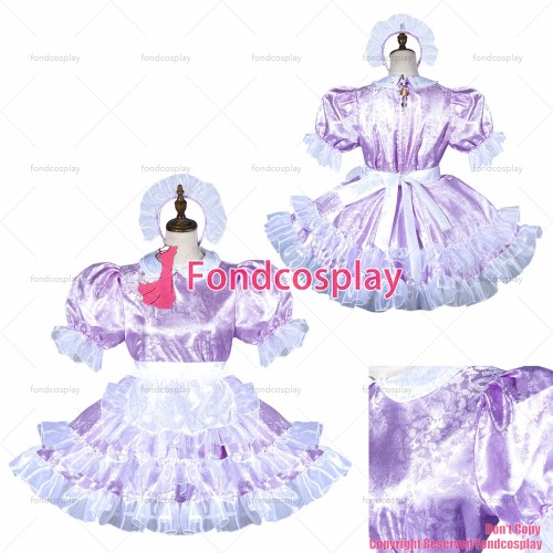 fondcosplay adult sexy cross dressing sissy maid short lilac satin dress lockable Uniform white apron costume CD/TV[G3810]