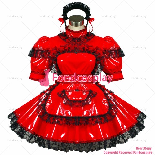 fondcosplay adult sexy cross dressing sissy maid short thin Pvc Dress Red Lockable Uniform Cosplay Costume CD/TV[G432]