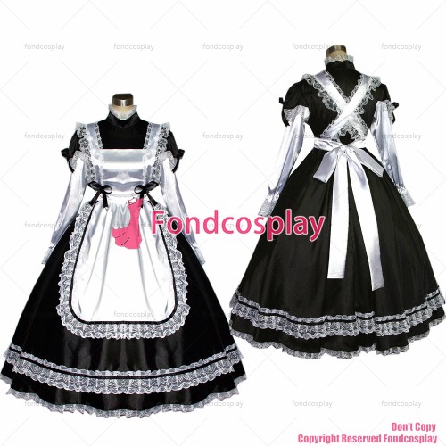 fondcosplay adult sexy cross dressing sissy maid long Dress Black Satin Lockable Uniform white apron Costume Custom-made[G524]