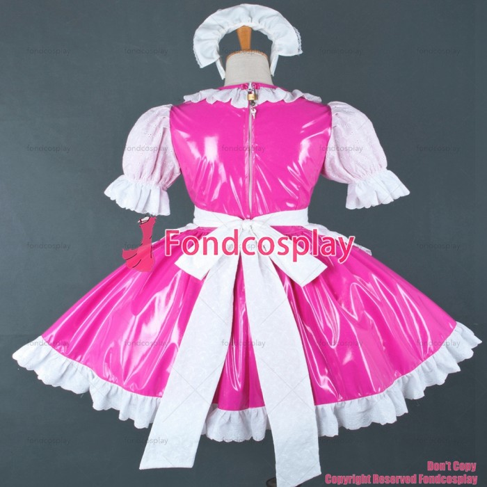 fondcosplay adult sexy cross dressing sissy maid short Lockable Uniform Hot Pink thin Pvc Dress white apron Custom-made[G756]