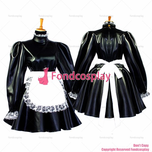 fondcosplay adult sexy cross dressing sissy maid short Black Faux Leather Dress Lockable Uniform white apron Custom-made[G652]