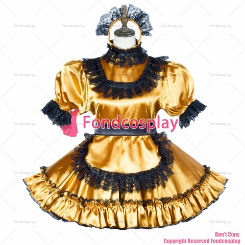 fondcosplay adult sexy cross dressing sissy maid gold satin dress lockable Uniform apron costume CD/TV[G3813]