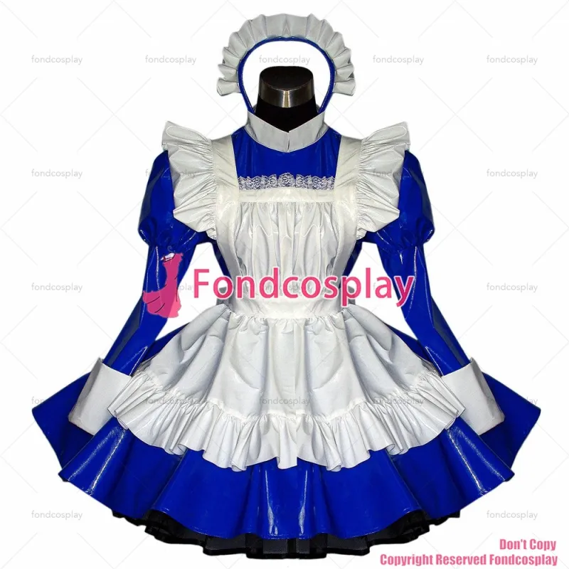 fondcosplay adult sexy cross dressing sissy maid Blue thin Pvc Dress Lockable Uniform white apron Costume Custom-made[G509]