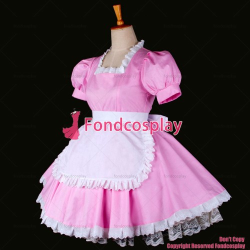 fondcosplay adult sexy cross dressing sissy maid short Lockable Uniform Pink Cotton Dress white apron Costume Custom-made[G770]