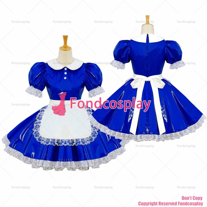 fondcosplay adult sexy cross dressing sissy maid short heavy Pvc Dress Blue Lockable Uniform Peter Pan collar Custom-made[G602]