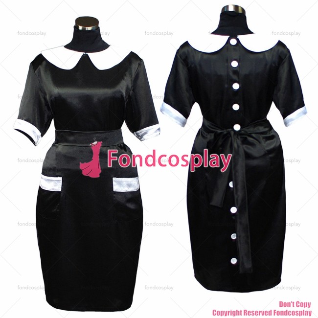 fondcosplay adult sexy cross dressing sissy maid black Satin Smock Uniform buttons Dress Peter Pan collar CD/TV[G393]
