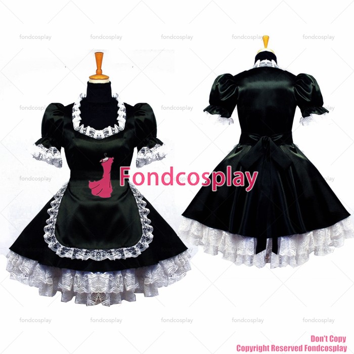 fondcosplay adult sexy cross dressing sissy maid short Black Satin Uniform Lockable Dress apron Costume Custom-made[G639]