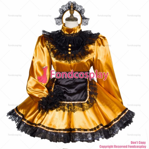 fondcosplay adult sexy cross dressing sissy maid gold satin dress lockable Uniform black apron costume CD/TV[G3805]