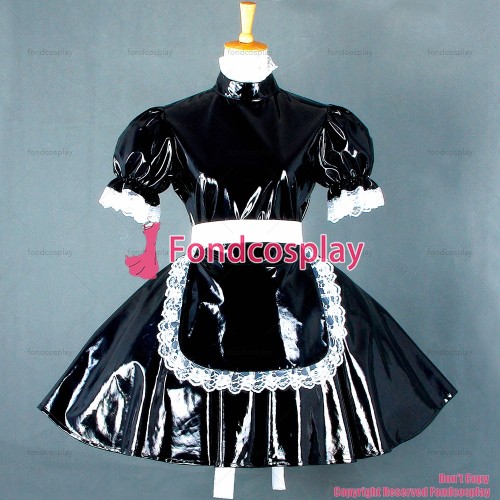 fondcosplay adult sexy cross dressing sissy maid short Black thin Pvc Dress Lockable Uniform apron Costume Custom-made[G560]