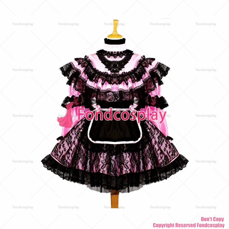 fondcosplay adult sexy cross dressing sissy maid short Pink Satin Lockable Uniform Dress black apron lace Custom-made[G661]