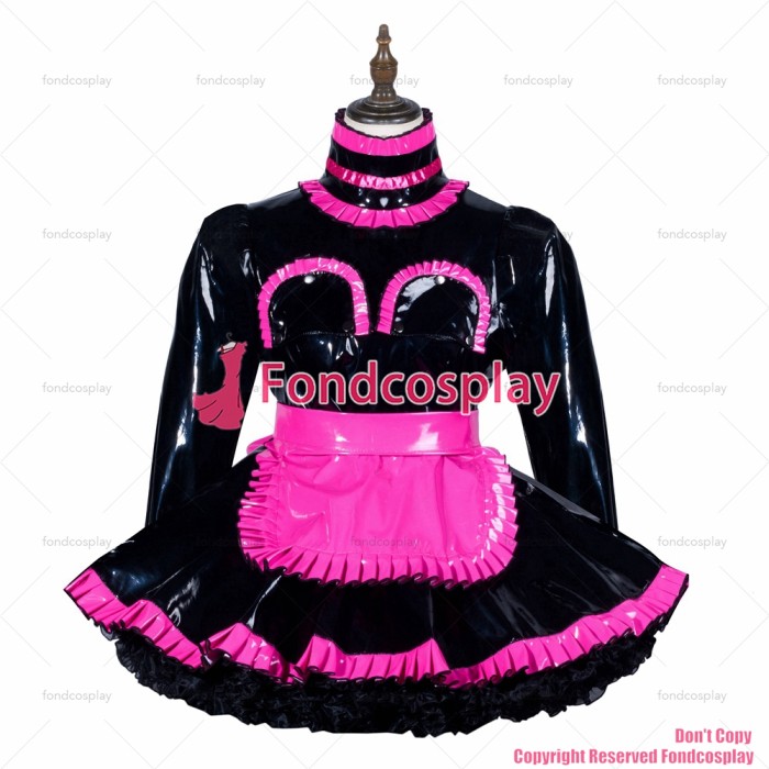 fondcosplay adult sexy cross dressing sissy maid black heavy pvc lockable nude breasted dress hot pink apron CD/TV[G3808]